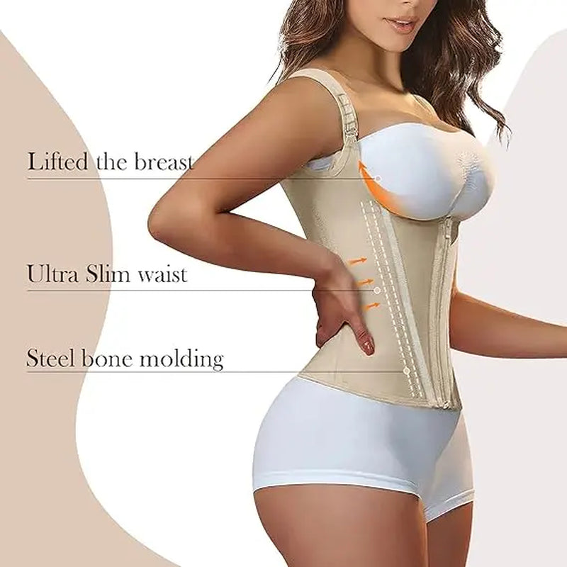 Women'S Steel-Boned Waist Trainer Corset Vest - Basic Soft Mesh Faja Body Shaper with Adjustable Straps, Zipper for Hourglass Figure, Minimalist Casual Design, Anime, Family, Chinese New Year, Steampunk, Fantasy Occasions