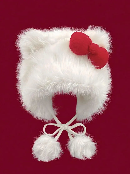 Cute Cat Ear Design Pom Pom Decor Plush Hat, Acrylic Hat, Fashion Beanie Hat, Cozy Beanie, Insulated Hat, Cute Earflap Hat, New Style Bowknot Design Warm Hat for Fall & Winter, Fashion Accessories for Women