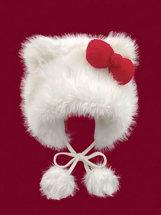 Cute Cat Ear Design Pom Pom Decor Plush Hat, Acrylic Hat, Fashion Beanie Hat, Cozy Beanie, Insulated Hat, Cute Earflap Hat, New Style Bowknot Design Warm Hat for Fall & Winter, Fashion Accessories for Women