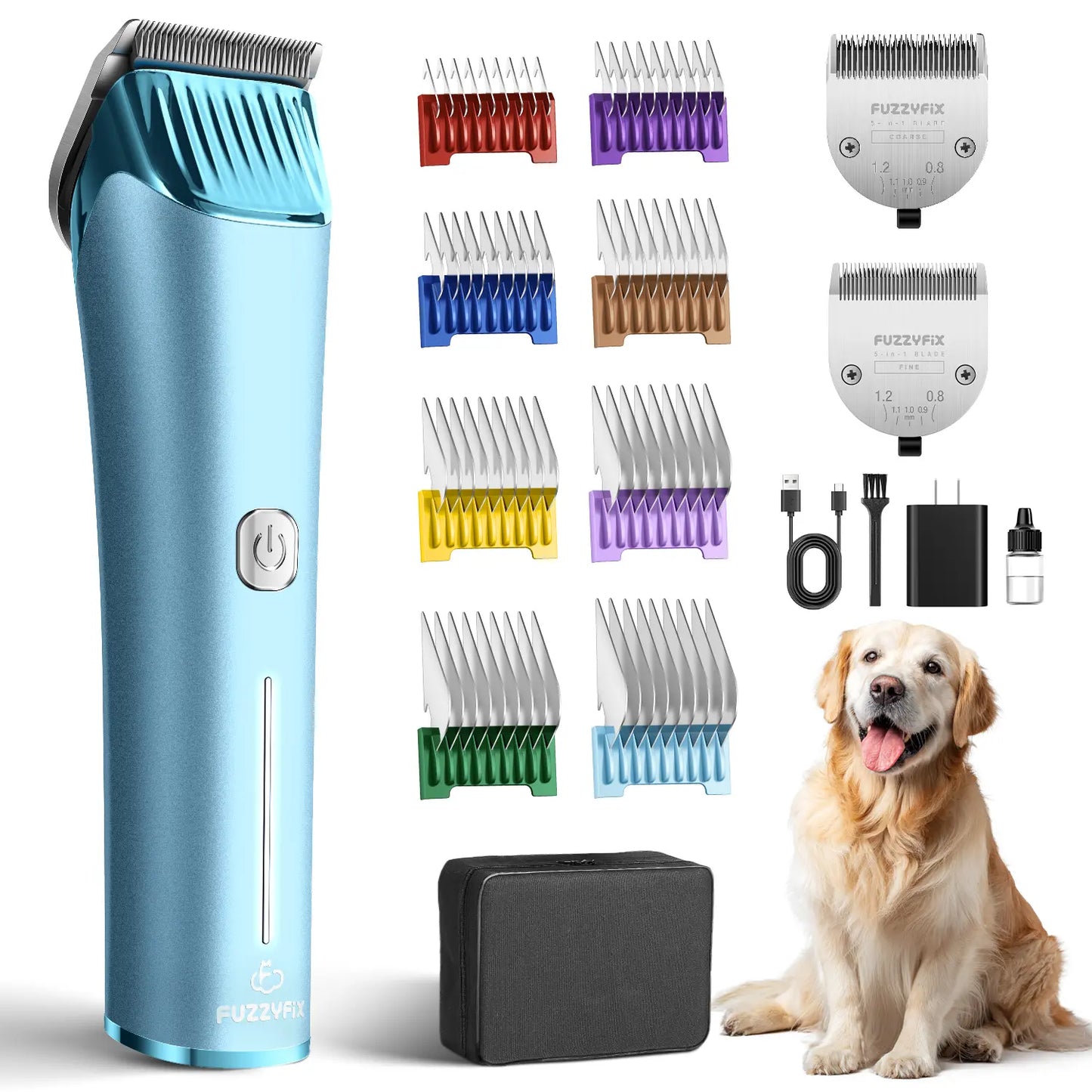 Fuzzyfix NOVA Professional Dog Grooming Clippers, Cordless Rechargeable Pet Grooming Kit with 5-In-1 Adjustable Blade, 2-Speed Dog Hair Trimmer and Metal Guide Combs for Dogs Cats Horses