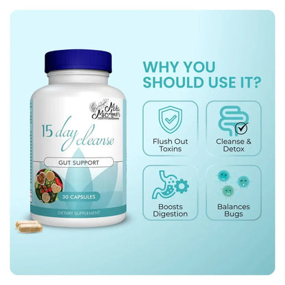 15 Day Cleanse - Gut and Colon Support | Caffeine Free | Advanced Formula with Senna, Cascara Sagrada, & Psyllium Husk | Non-Gmo | 30 Capsules
