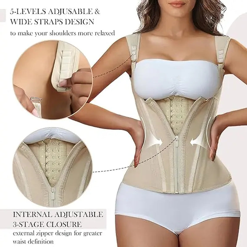Women'S Steel-Boned Waist Trainer Corset Vest - Basic Soft Mesh Faja Body Shaper with Adjustable Straps, Zipper for Hourglass Figure, Minimalist Casual Design, Anime, Family, Chinese New Year, Steampunk, Fantasy Occasions