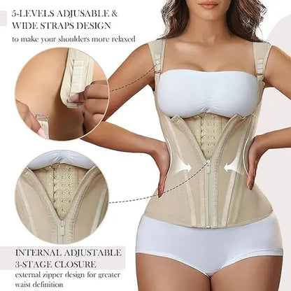 Women'S Steel-Boned Waist Trainer Corset Vest - Basic Soft Mesh Faja Body Shaper with Adjustable Straps, Zipper for Hourglass Figure, Minimalist Casual Design, Anime, Family, Chinese New Year, Steampunk, Fantasy Occasions