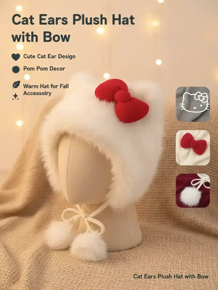 Cute Cat Ear Design Pom Pom Decor Plush Hat, Acrylic Hat, Fashion Beanie Hat, Cozy Beanie, Insulated Hat, Cute Earflap Hat, New Style Bowknot Design Warm Hat for Fall & Winter, Fashion Accessories for Women