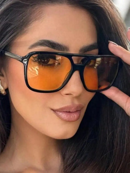 Shinethru Modern Trendy Sunglasses - 1 Pair Unisex Fashionable Glasses, Retro Double-Bridge Square PC Full-Rim Rectangle Metal Frame, Lightweight Comfortable, Uv-Protection Lens, Ideal for Daily Wear/Outdoor Use, Top Couple Gift