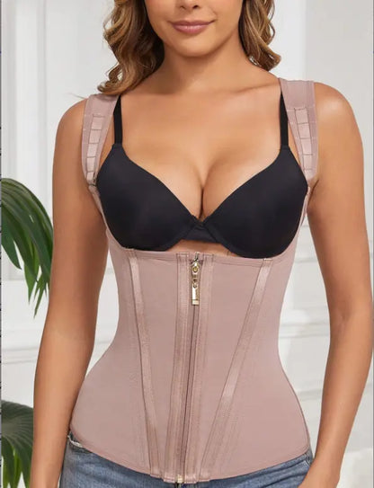 Women'S Steel-Boned Waist Trainer Corset Vest - Basic Soft Mesh Faja Body Shaper with Adjustable Straps, Zipper for Hourglass Figure, Minimalist Casual Design, Anime, Family, Chinese New Year, Steampunk, Fantasy Occasions
