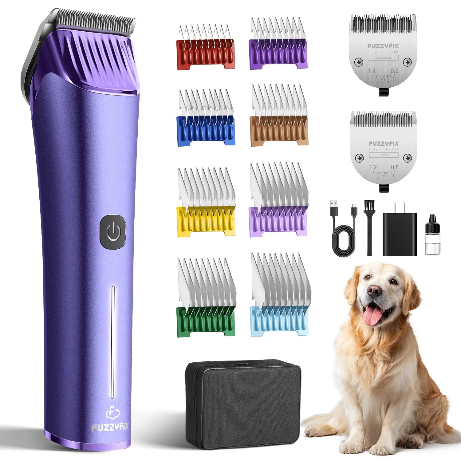 Fuzzyfix NOVA Professional Dog Grooming Clippers, Cordless Rechargeable Pet Grooming Kit with 5-In-1 Adjustable Blade, 2-Speed Dog Hair Trimmer and Metal Guide Combs for Dogs Cats Horses