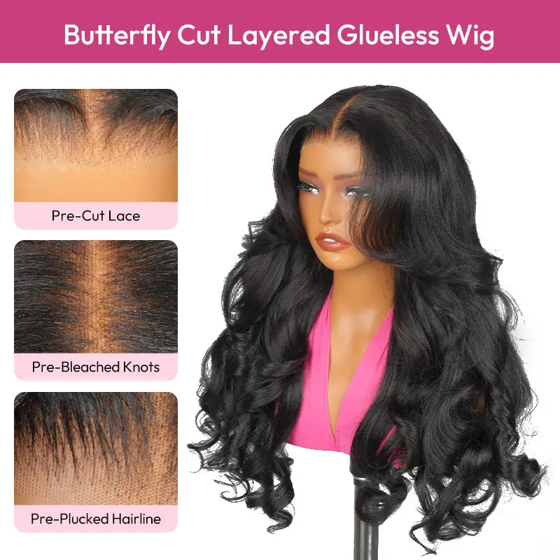 [Quality Upgraded] West Kiss Glueless Butterfly Cut Layered Human Wigs Light Yaki Body Wave 7X5 Lace Closure Wig Pre Plucked Pre Bleached Knots Beignner Friendly
