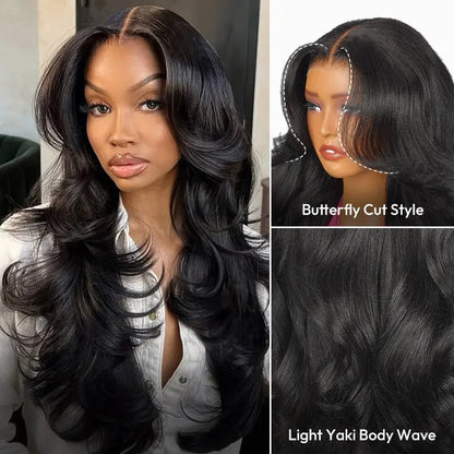 [Quality Upgraded] West Kiss Glueless Butterfly Cut Layered Human Wigs Light Yaki Body Wave 7X5 Lace Closure Wig Pre Plucked Pre Bleached Knots Beignner Friendly